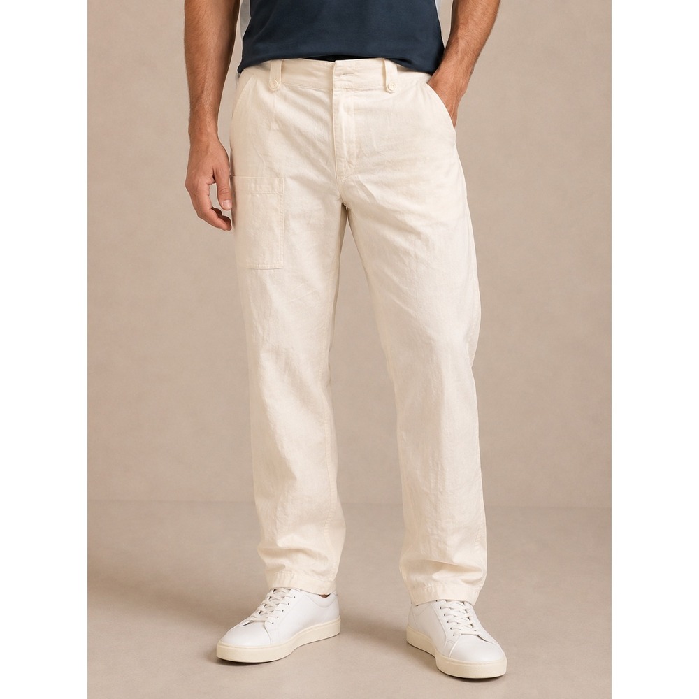 Armani Exchange Women Pants 34 Regular Ivory Linen Blend Cargo Straight Leg